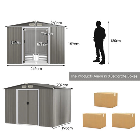 Galvanized steel tool shed with foundation &amp; double doors &amp; ramp 260 x 207 x 180 cm grey
