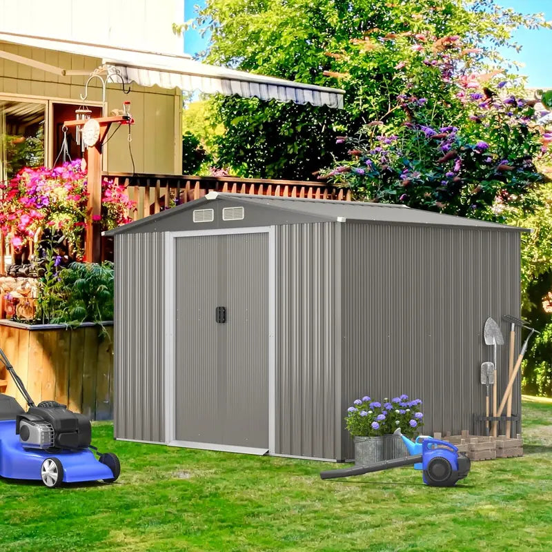 Galvanized steel tool shed with foundation &amp; double doors &amp; ramp 260 x 207 x 180 cm grey