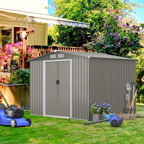Galvanized steel tool shed with foundation &amp; double doors &amp; ramp 260 x 207 x 180 cm grey