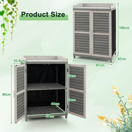 Garden Potting Bench Table with 2 Storage Shelves and Metal Plated Tabletop-Gray