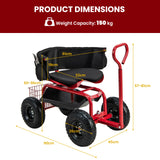 Cushioned Rolling Garden Cart Scooter with Storage Basket and Tool Pouch-Black & Red