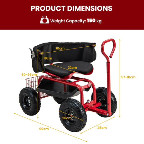 Cushioned Rolling Garden Cart Scooter with Storage Basket and Tool Pouch-Black & Red