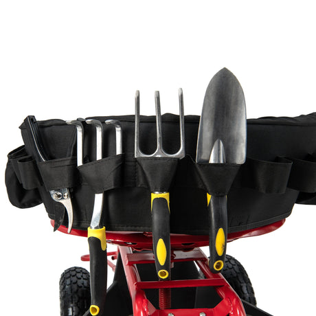 Cushioned Rolling Garden Cart Scooter with Storage Basket and Tool Pouch-Black & Red