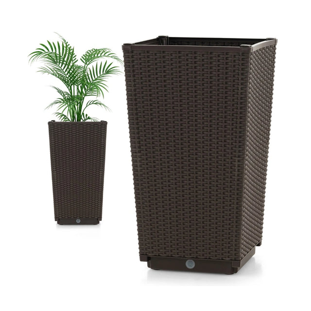 Outdoor Wicker Flower Pot Set of 2 with Drainage Hole for Porch Balcony-Brown