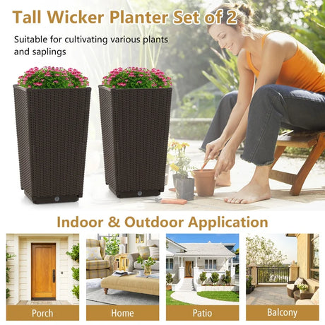 Outdoor Wicker Flower Pot Set of 2 with Drainage Hole for Porch Balcony-Brown