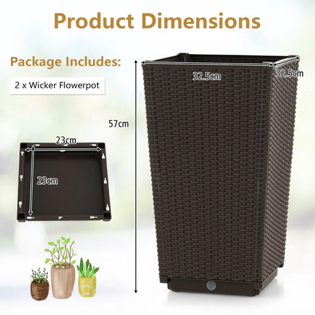 Outdoor Wicker Flower Pot Set of 2 with Drainage Hole for Porch Balcony-Brown