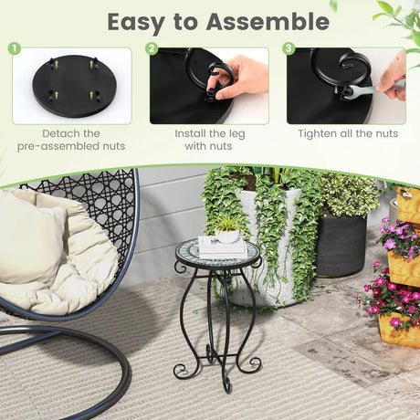 Small Plant Stand with Weather Resistant Ceramic Tile Tabletop-Black & Smoke Blue