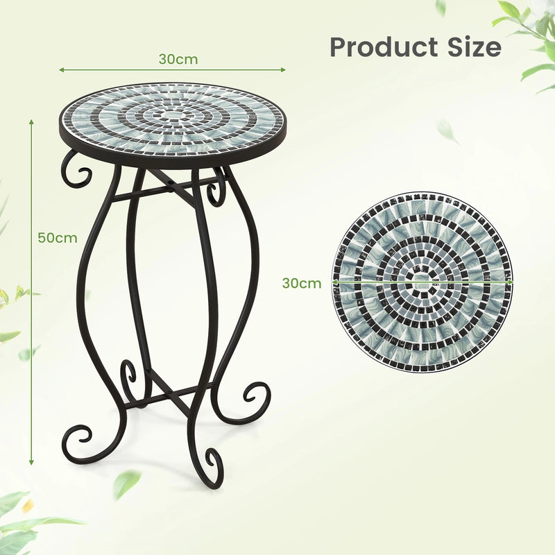 Small Plant Stand with Weather Resistant Ceramic Tile Tabletop-Black & Smoke Blue
