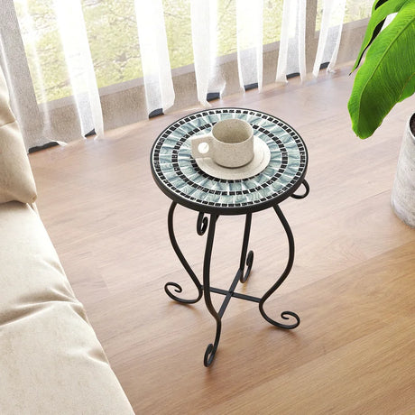 Small Plant Stand with Weather Resistant Ceramic Tile Tabletop-Black & Smoke Blue