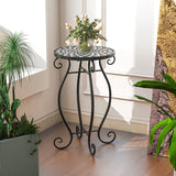 Small Plant Stand with Weather Resistant Ceramic Tile Tabletop-Black & White