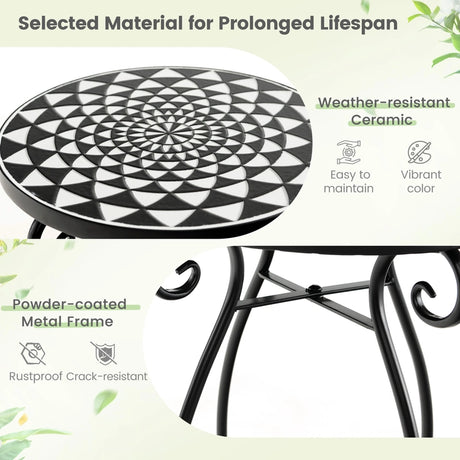 Small Plant Stand with Weather Resistant Ceramic Tile Tabletop-Black & White