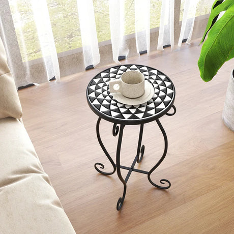 Small Plant Stand with Weather Resistant Ceramic Tile Tabletop-Black & White