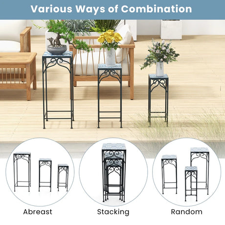 Metal Plant Stand Set of 3 with Mosaic Tile-Blue