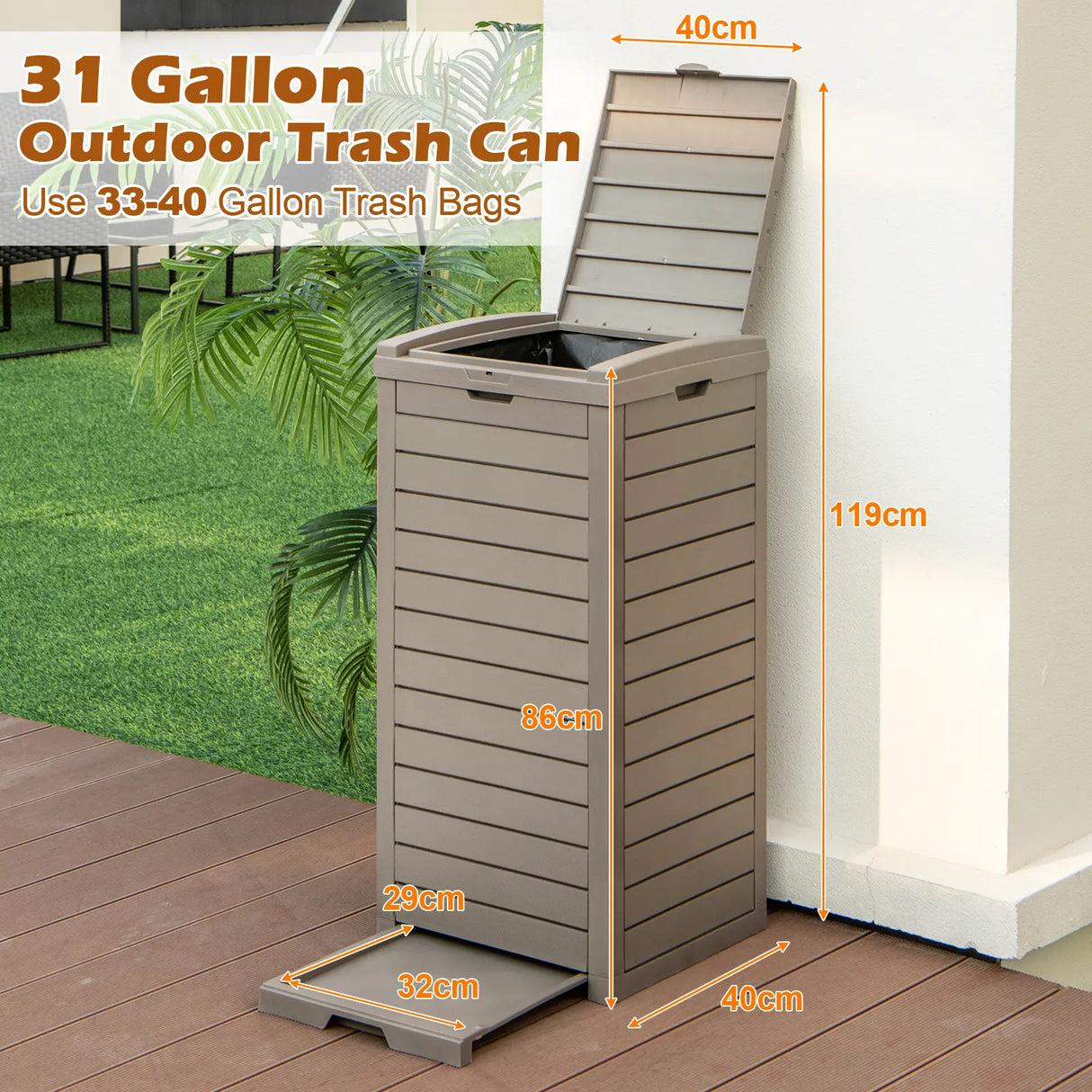 31 Gallon Large Outdoor Trash Can with Lid and Pull-out Liquid Drawer