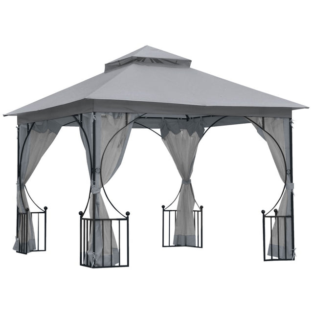 Outsunny 3 x 3(m) Garden Gazebo Patio Party Tent Shelter Outdoor Canopy Double Tier Sun Shade Metal Frame Netting, Light Grey