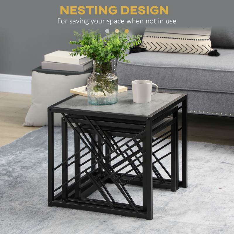 HOMCOM Nesting Coffee Tables, Set of 3 Square Side Tables with Black Metal Frame, for Living Room, Bedroom and Office, Grey