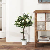 Outsunny Artificial Plants White Rose Floral in Pot, Fake Plants for Home Indoor Decor, 90cm