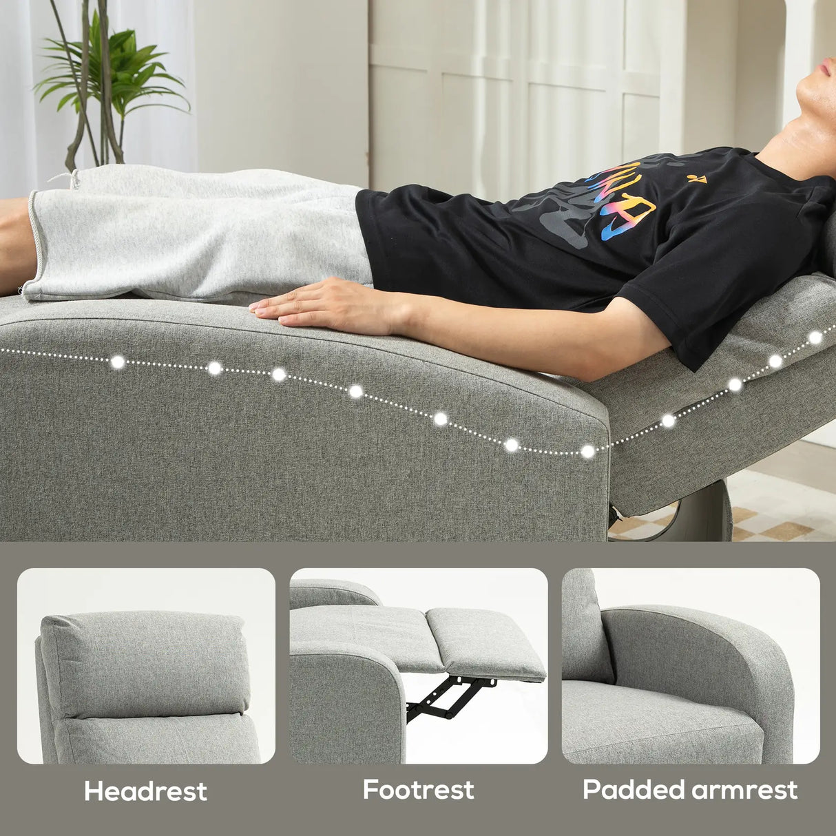 HOMCOM 135 Push Back Recliner Armchair, with Footrest - Grey