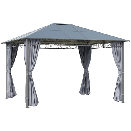 Outsunny 3 x 3.6m Hardtop Gazebo Canopy with Polycarbonate Roof, Permanent Pavilion Garden Gazebo with Curtains for Patio, Deck, Grey