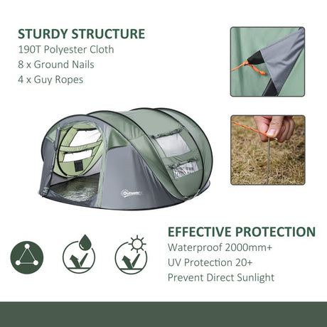 Outsunny 4-5 Person Pop-up Camping Tent Family Tent w/ 2 Mesh Windows & PVC Windows Portable Carry Bag for Outdoor Trip, Dark Green