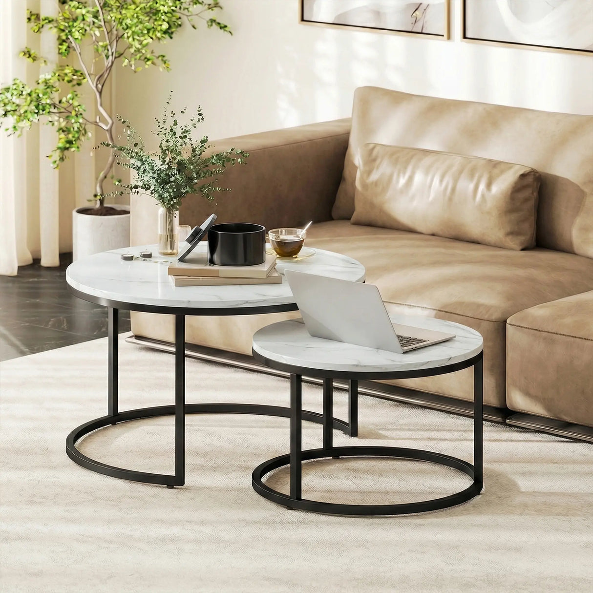 HOMCOM Set of Two Marble-Effect Stacking Tables - White