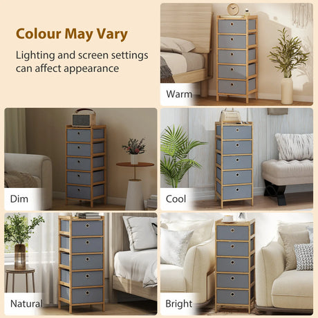 HOMCOM Chest of Drawers, 5 Fabric Drawers Narrow Dresser with Bamboo Frame, Light Grey