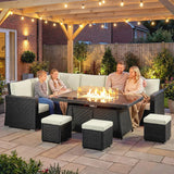 Outsunny 7 Pieces PE Rattan Garden Furniture Set, 50,000 BTU Gas Fire Pit Table, Double Corner Sofa and 3 Footstools