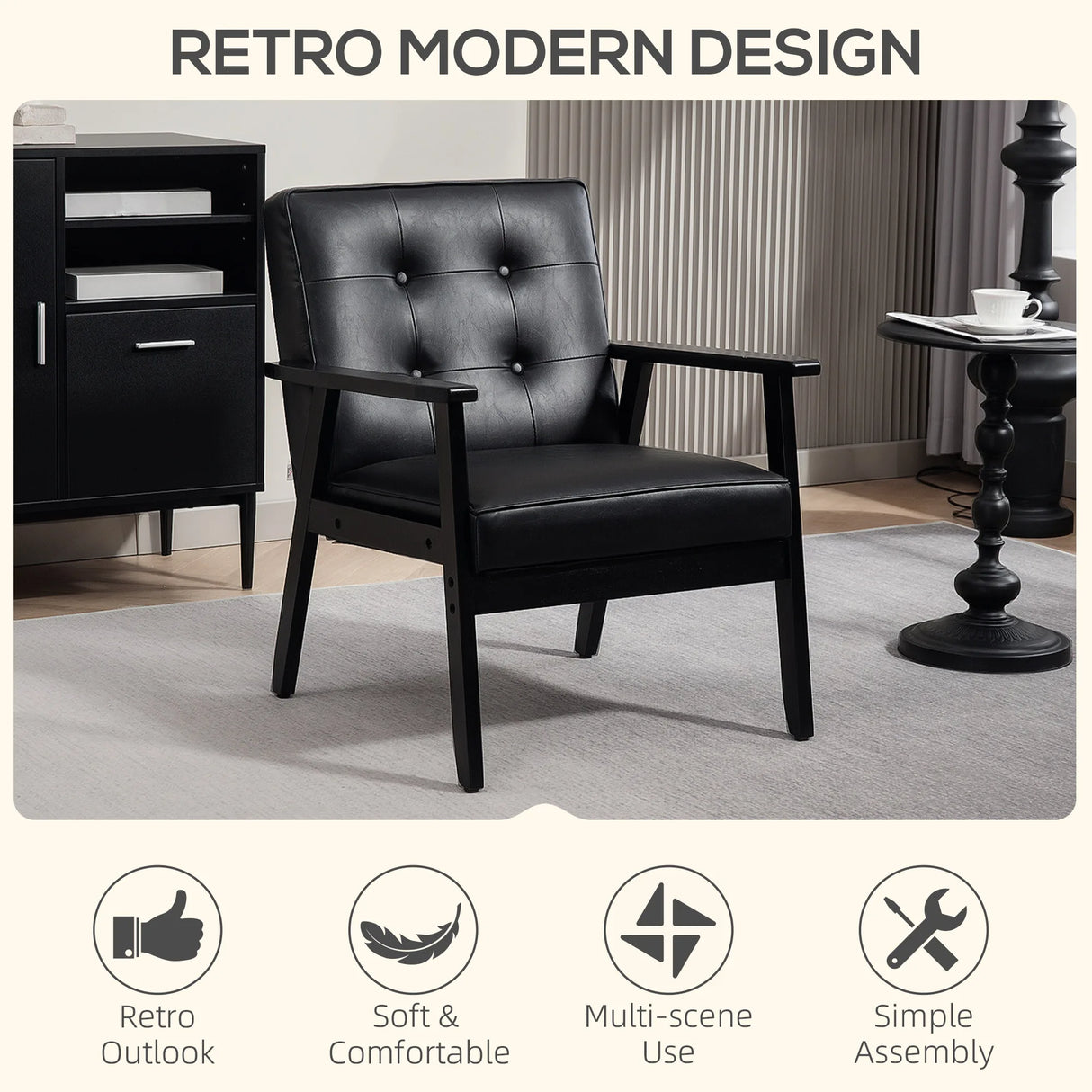 HOMCOM Retro-Style Accent Chair, with Faux Leather Seat - Black