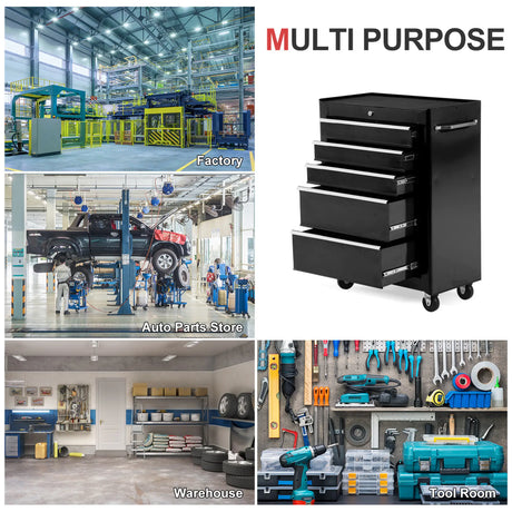 HOMCOM 5-Drawer Tool Box on Wheels, Lockable Tool Storage Cabinet with EVA Pat, Black