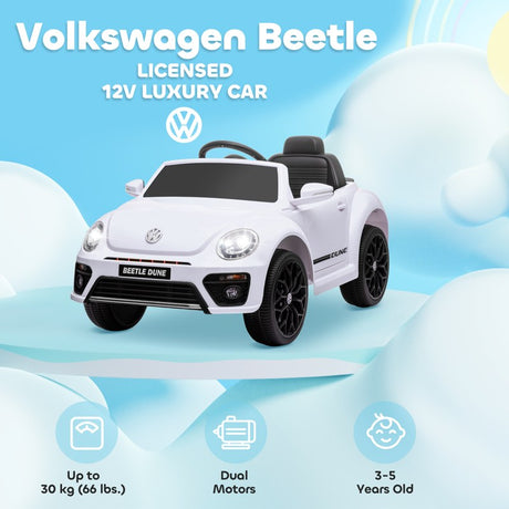 AIYAPLAY Volkswagen Beetle Licensed 12V Ride on Car w/ Remote Control, Suspension Wheels, Soft Start, Lights, Music, White