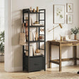 HOMCOM 4-Tier Bookshelf, Narrow Bookcase with Drawer, 8 Hooks, Metal Frame, Black
