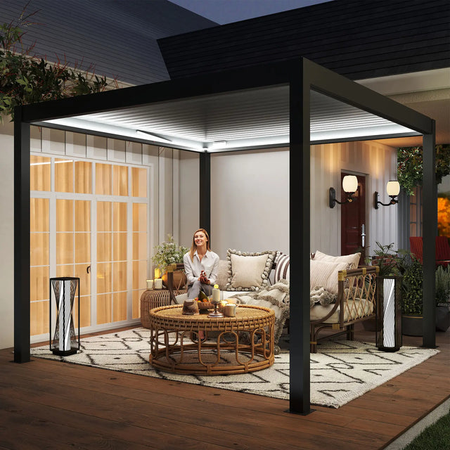 Outsunny 3 x 3(m) Electric Louvered Pergola with LED Lights, Aluminium Pergola Hardtop Gazebo with Remote, Adjustable Roof and Drainage System, Water and UV Proof