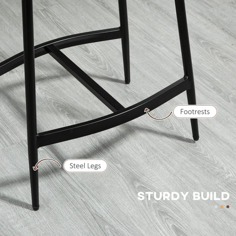 HOMCOM Breakfast Bar Stools Set of 2, Microfibre Upholstered Barstools, Industrial Bar Chairs with Curved Seat and Steel Frame for Dining Room, Kitchen, Brown