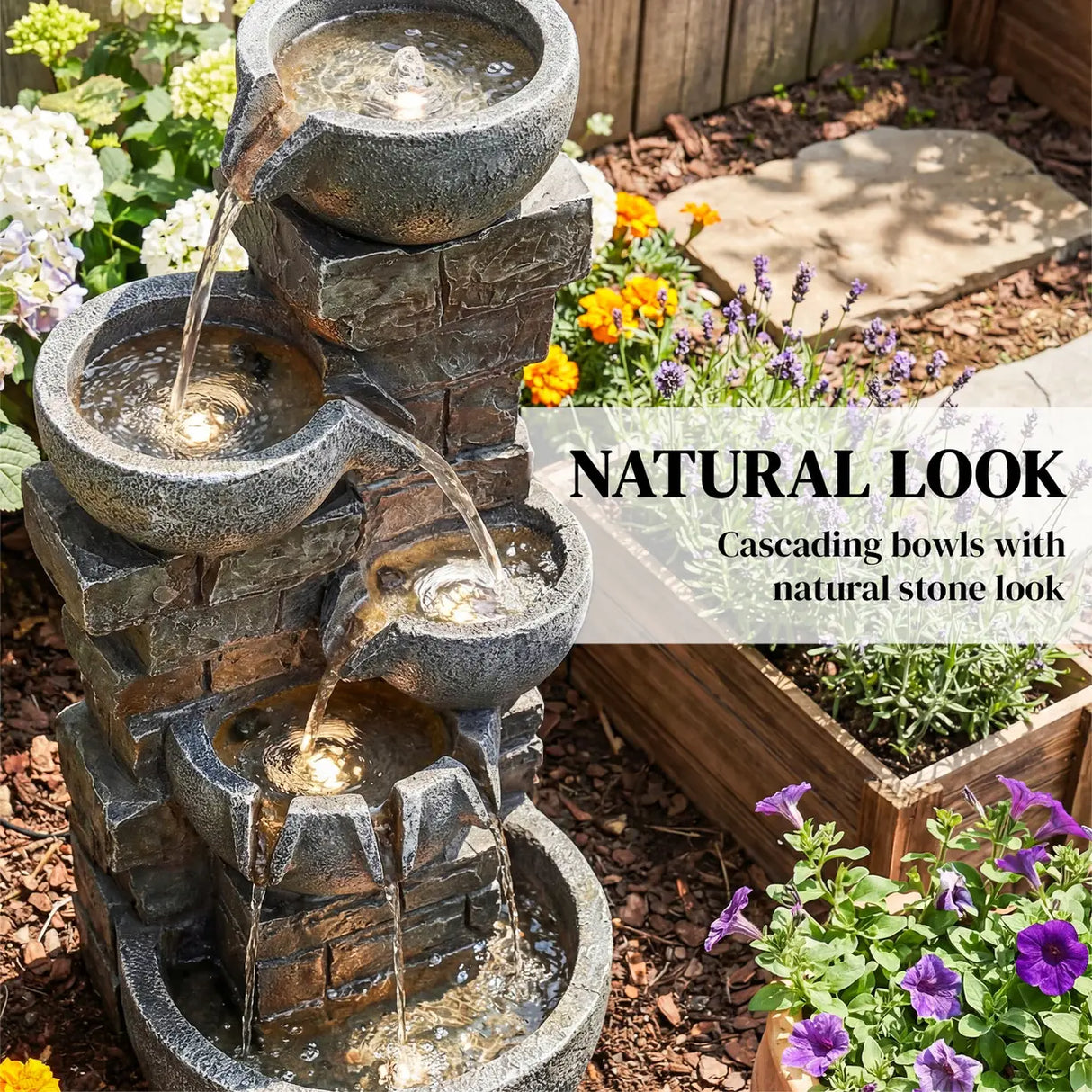 Outsunny Outdoor Water Fountain with LED Lights, 80cm Tall 5 Tiers Cascading Water Feature for Garden Patio Home Decor, Mixed