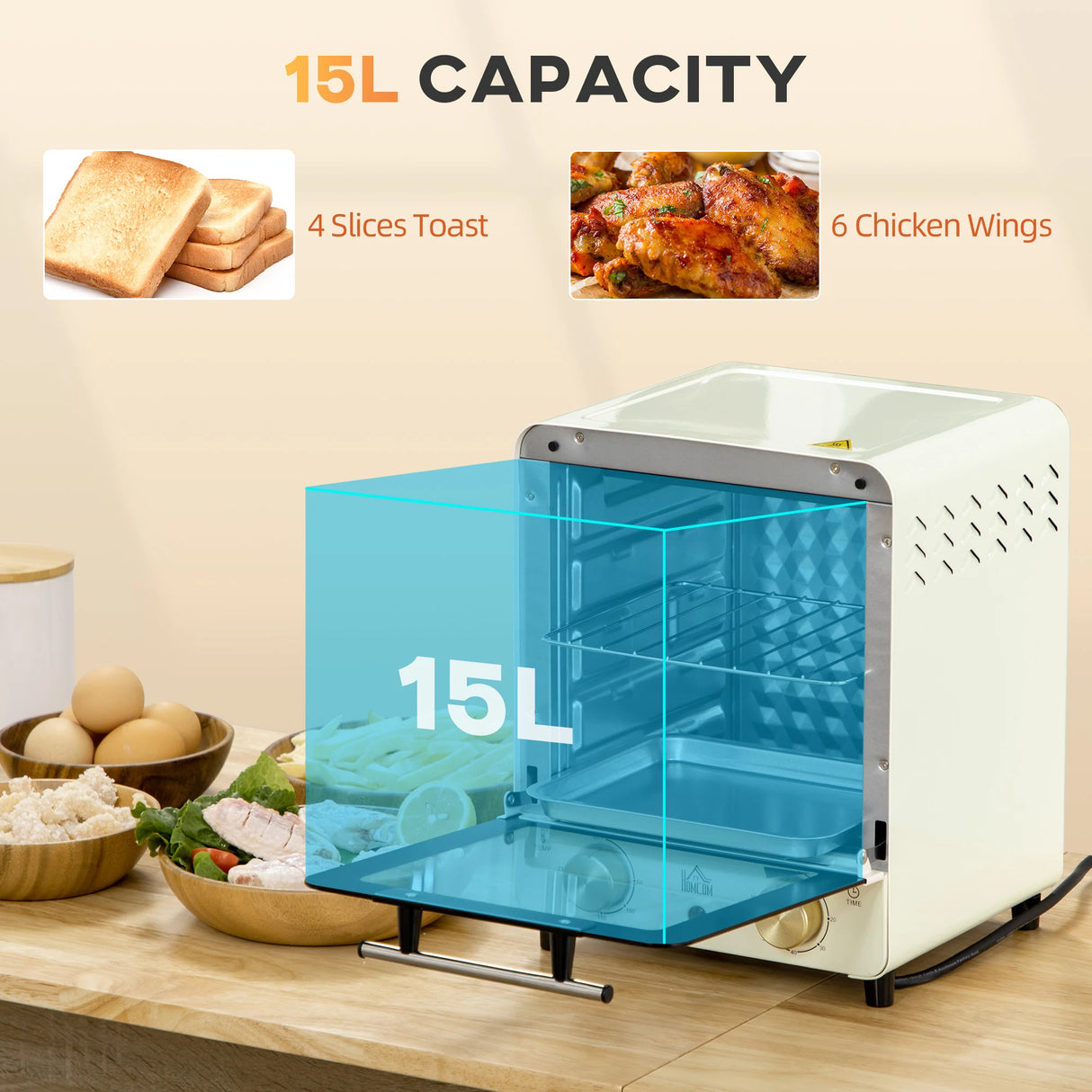 HOMCOM Mini Oven, 15 Litres Electric Oven and Grill with 60-230C Adjustable Temperature, 60 Minute Timer, Include Baking Tray, Wire Rack and Crumb Tray, 1000W, Cream White