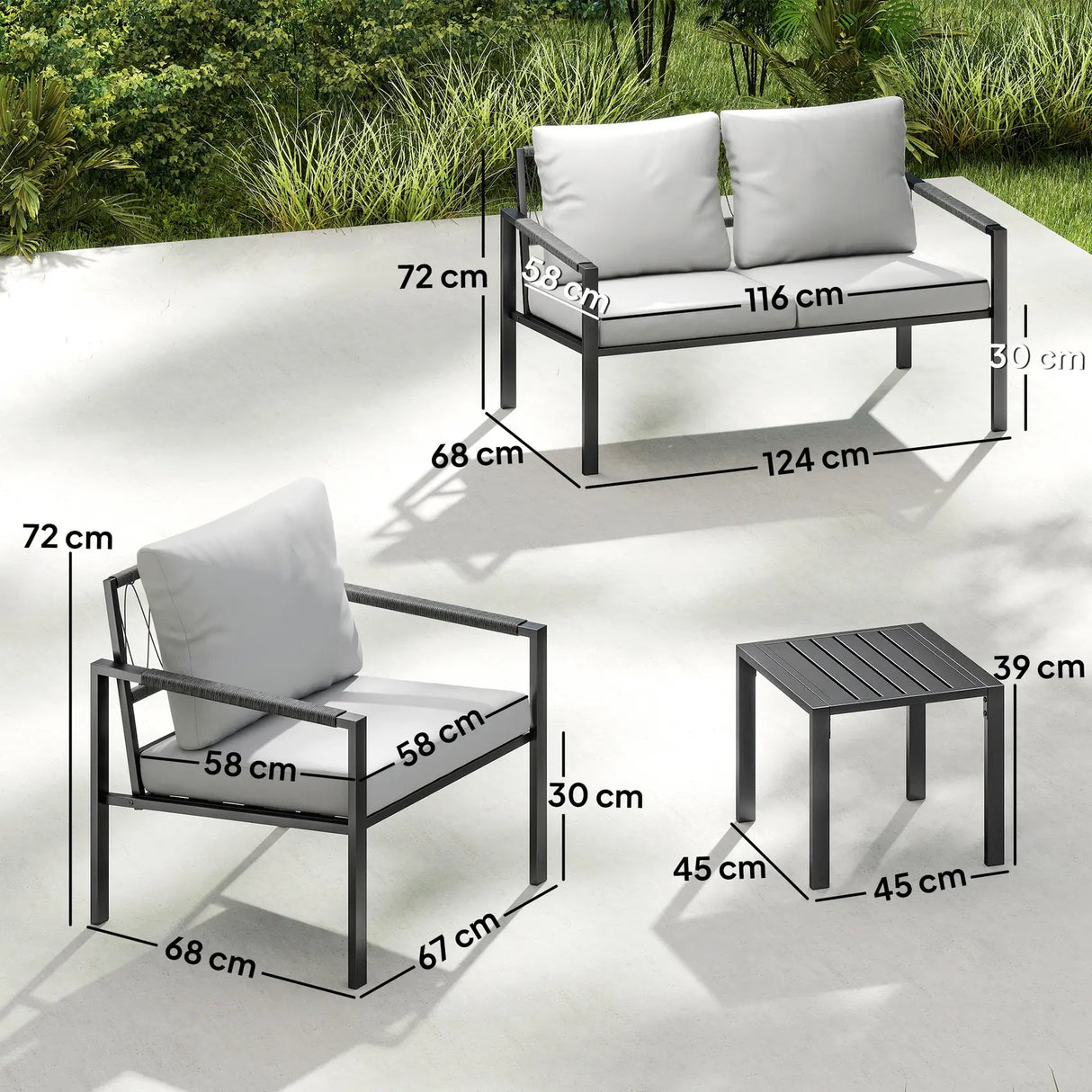 Outsunny 5 Piece Metal Garden Furniture Sofa Set with Thickened Cushions, Loveseat, 2 Armchairs, 2 Coffee Tables, Light Grey