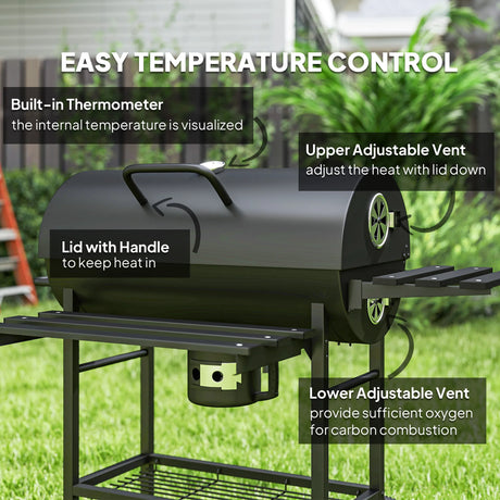 Outsunny Charcoal BBQ Grill with Foldable Front Side Shelf, Portable Barbecue Smoker with Warming Rack, Bottom Shelf, Lid, Temperature Gauge, Wheels for Outdoor Cooking Garden Party, Black