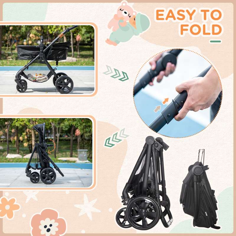 HOMCOM Foldable Baby Stoller, with Reclining Backrest, Adjustable Canopy, for Ages 0-36 Months - Black