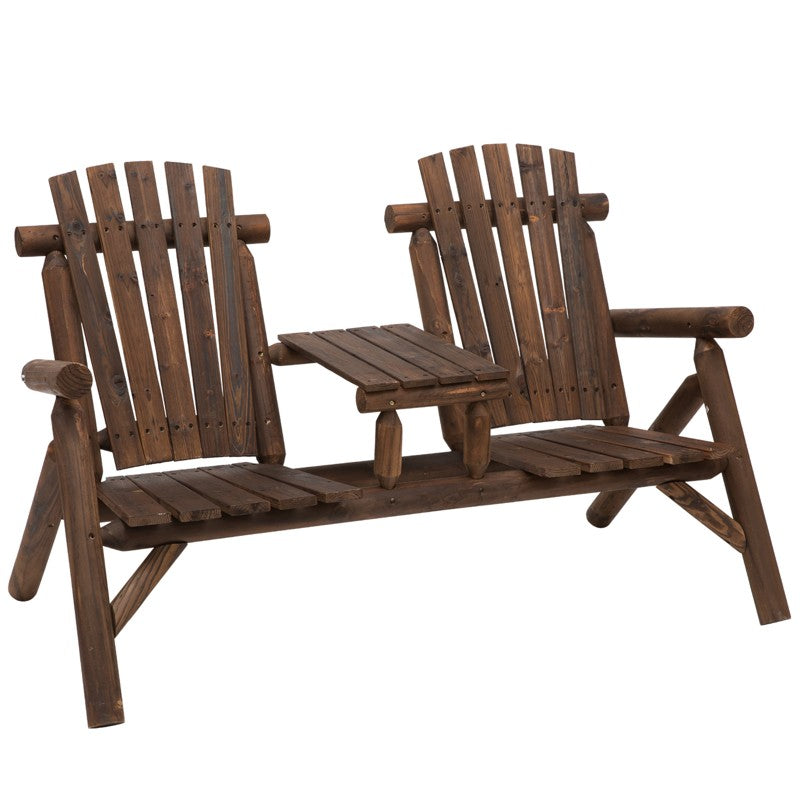 Outsunny Wood Patio Chair Bench 2 Seats Jack and Jill Seat w/ Center Coffee Table, Garden Bench, Carbonized