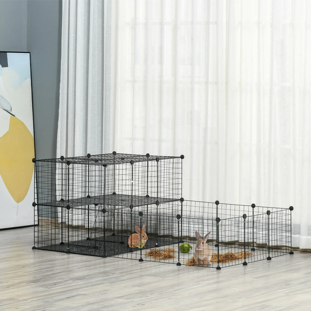 PawHut Pet Playpen with Door, Guinea Pigs Metal Mesh Cage for Small Animal, Chinchilla, 175 x 105 x 70 CM, Black