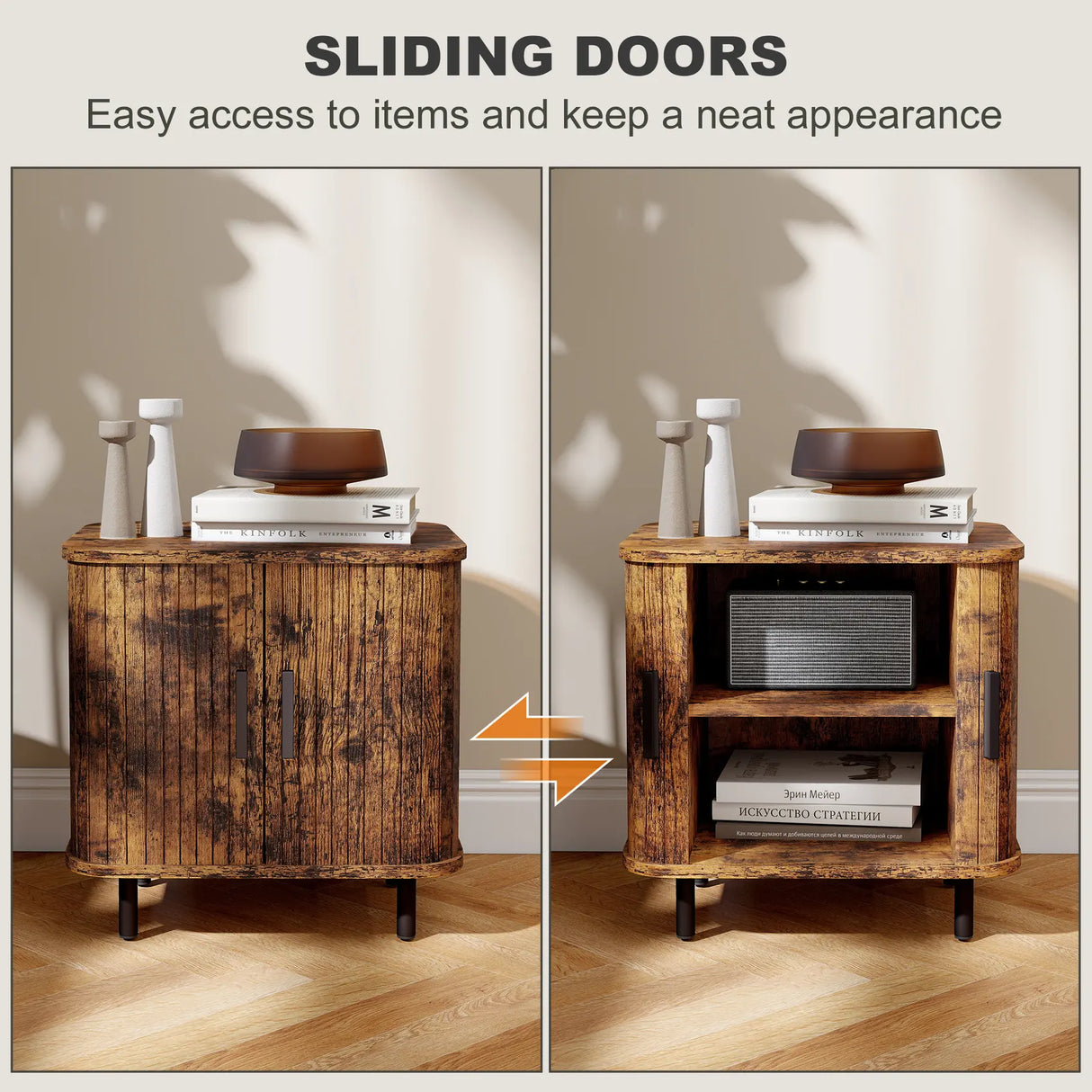 HOMCOM Bedside Table, Nordic Side Table with Roller Shutter Style Sliding Doors and Metal Legs for Bedroom, Living Room, Rustic Brown