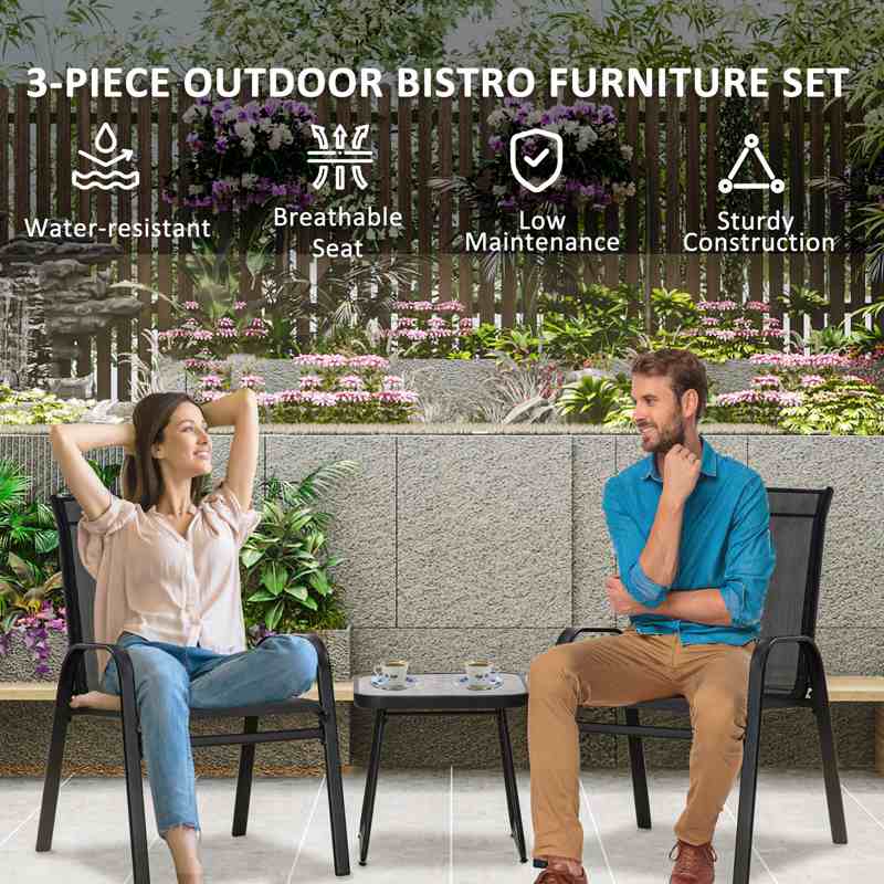 Outsunny 3 Pieces Outdoor Bistro Set, Patio Stackable Armchairs with Breathable Mesh Fabric and SPC Board Coffee Table, Black