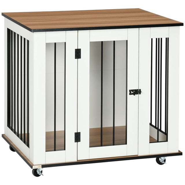 PawHut Dog Crate Furniture, Dog Cage End Table, with Wheels, for Medium Dogs, 80 x 60 x 76.5cm  - White