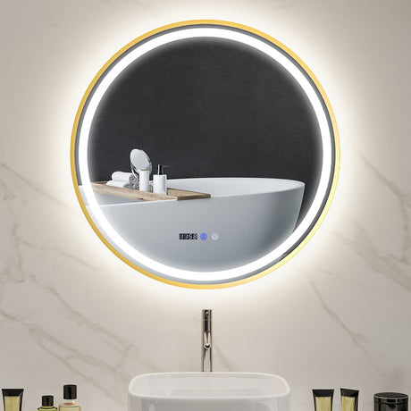 HOMCOM Round Bathroom Mirror with LED Lights, 800mm Backlit Illuminated Bathroom Mirror, Dimmable Wall Mounted Vanity Mirror with Demister Pad, Touch Switch, Time and Temp Display, Gold Tone