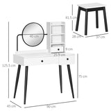 HOMCOM Dressing Table Set with Mirror and Stool, Vanity Makeup Table with 3 Drawers and Open Shelves for Bedroom, Living Room, White