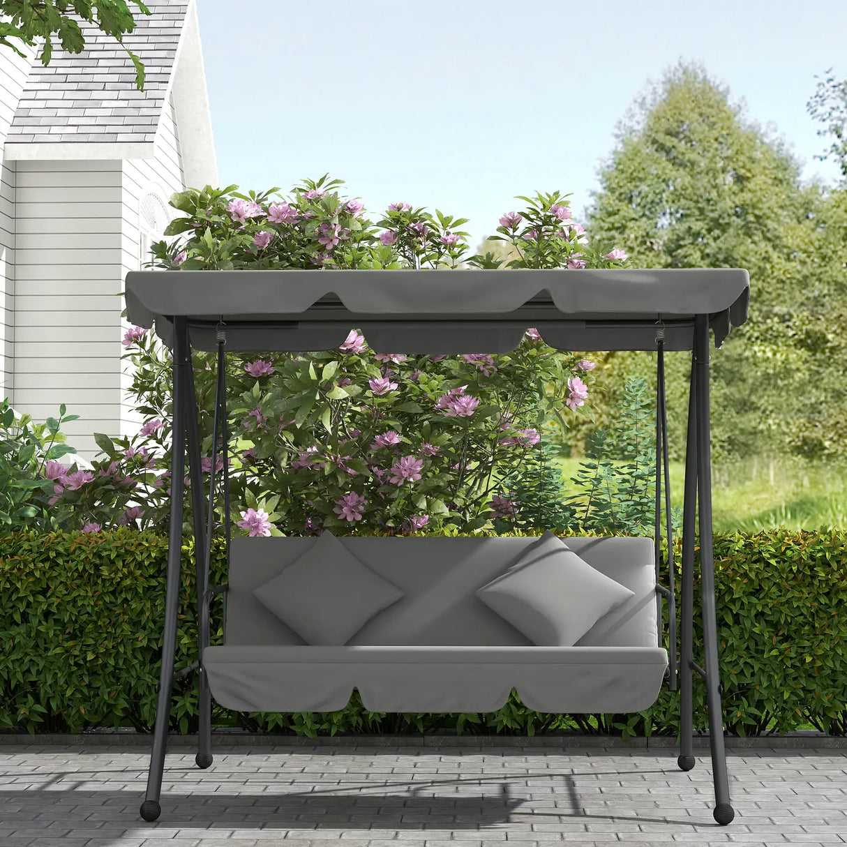 Outsunny Outdoor 2-in-1 Swing Chair Lounger 3 Seater Garden Swing Seat Bed Convertible Tilt Canopy W/ Cushion, Light Grey