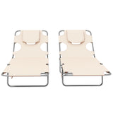 Outsunny Foldable Sun Lounger Set of 2, Beach Chaise Lounges with Reading Hole, Arm Slots, 5-Position Adjustable Backrest, Side Pocket, Pillow for Patio, Garden, Beach, Pool, Beige