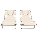 Outsunny Foldable Sun Lounger Set of 2, Beach Chaise Lounges with Reading Hole, Arm Slots, 5-Position Adjustable Backrest, Side Pocket, Pillow for Patio, Garden, Beach, Pool, Beige