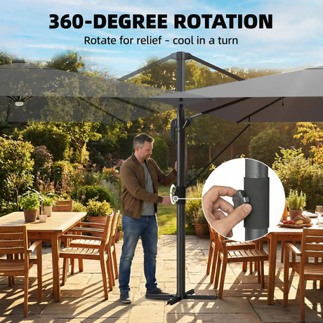 Outsunny 3 x 3 m Garden Cantilever Parasol with Light, Cover, Overhanging Umbrella w/ Wind Protection, 360 Rotation, Light Grey