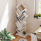HOMCOM 9-Tier Tree Bookshelf, Industrial Free Standing Bookcase with Steel Frame, Display Storage White